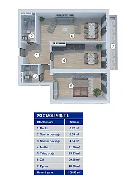 Satılır 3 otaqlı mənzil 107 m²