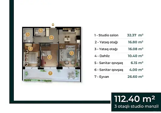Satılır 3 otaqlı mənzil 112.3 m²