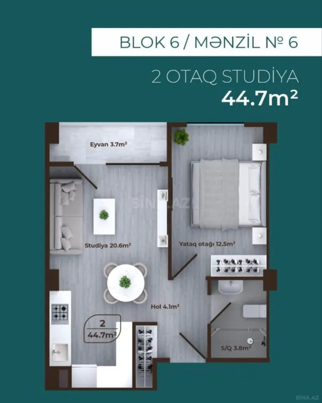 Satılır 2 otaqlı mənzil 45 m²