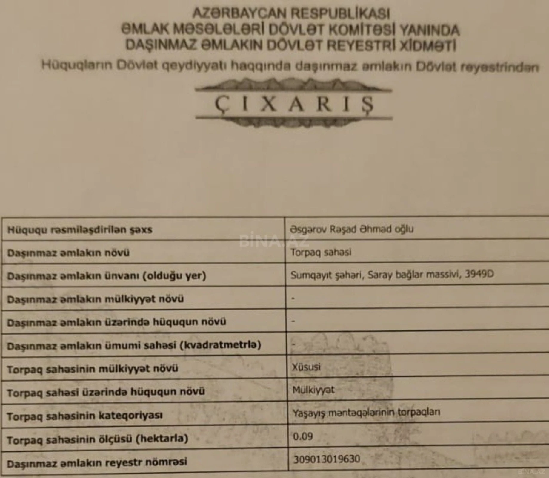 Satılır torpaq sahəsi 11 m²