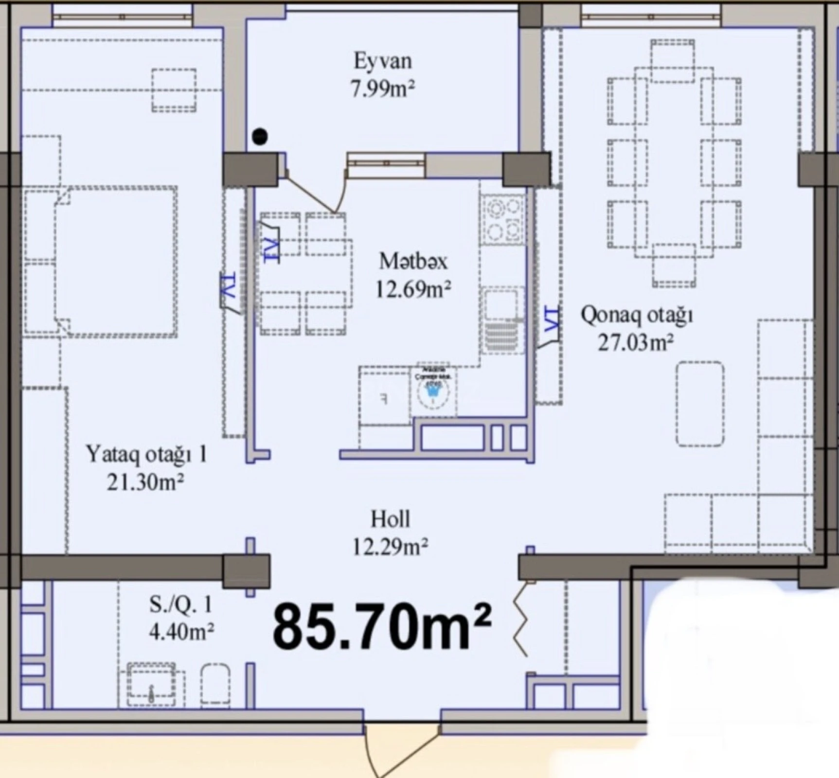 Satılır 2 otaqlı mənzil 85.7 m²
