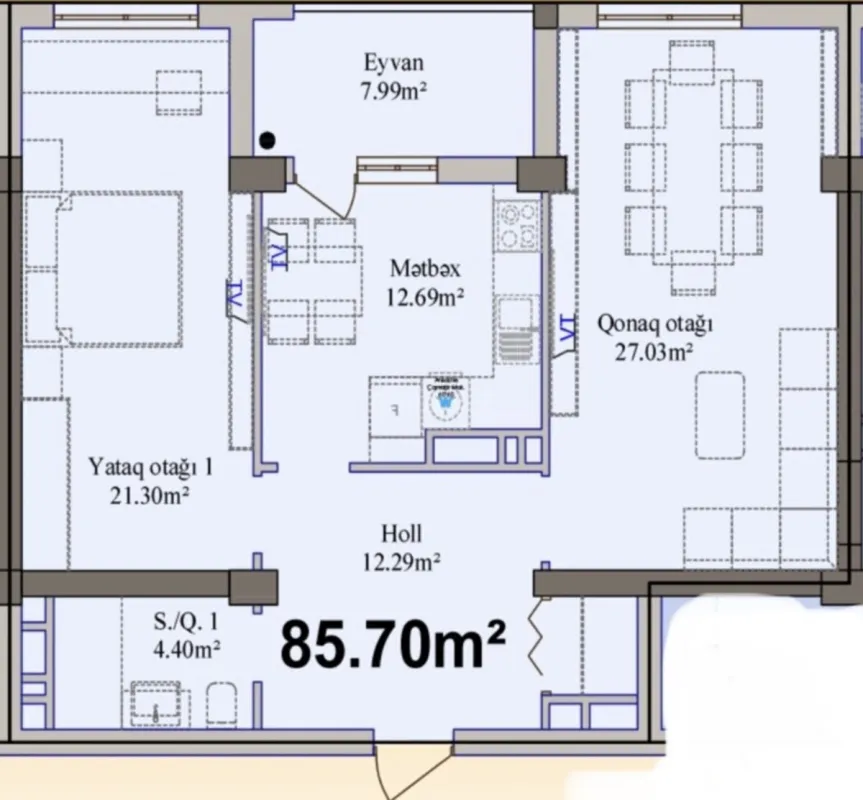 Satılır 2 otaqlı mənzil 85.7 m²