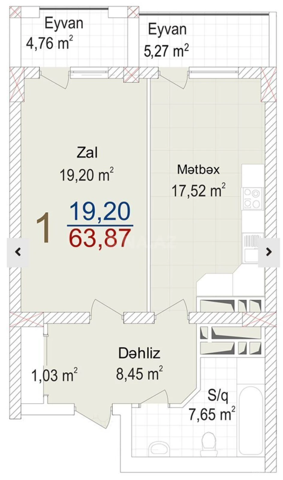 Satılır 1 otaqlı mənzil 66.4 m²