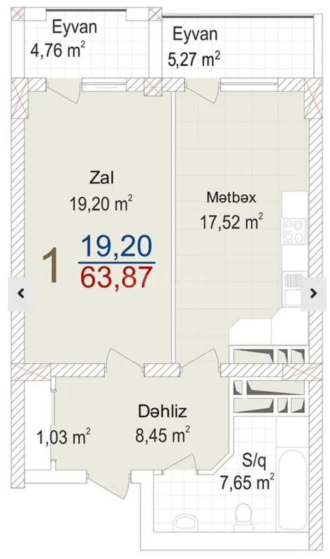 Satılır 1 otaqlı mənzil 66.4 m²