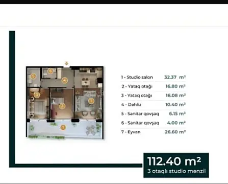 Satılır 3 otaqlı mənzil 112.5 m²