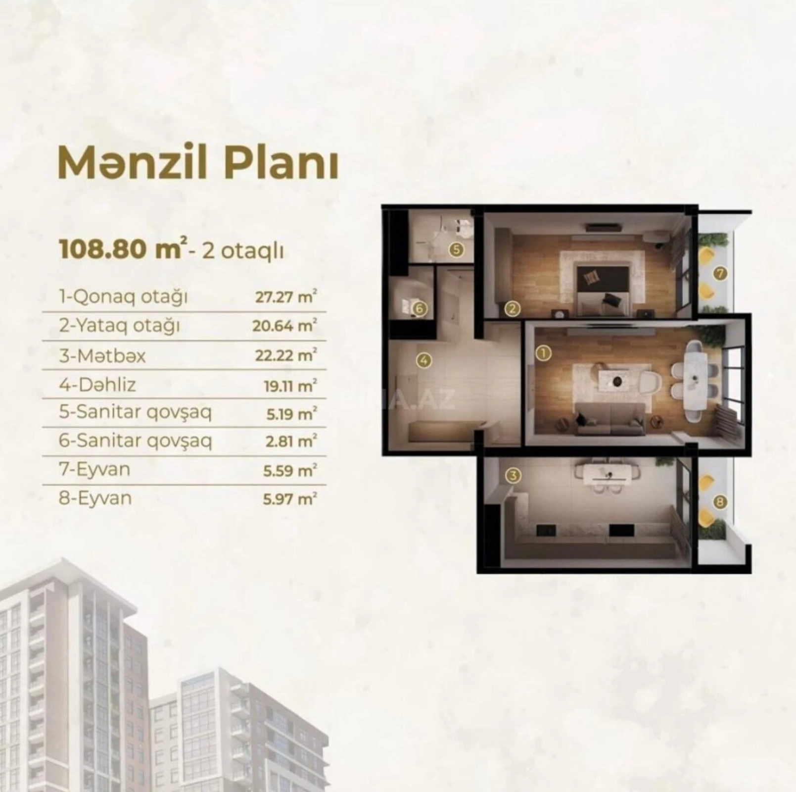 Satılır 2 otaqlı mənzil 108.8 m²
