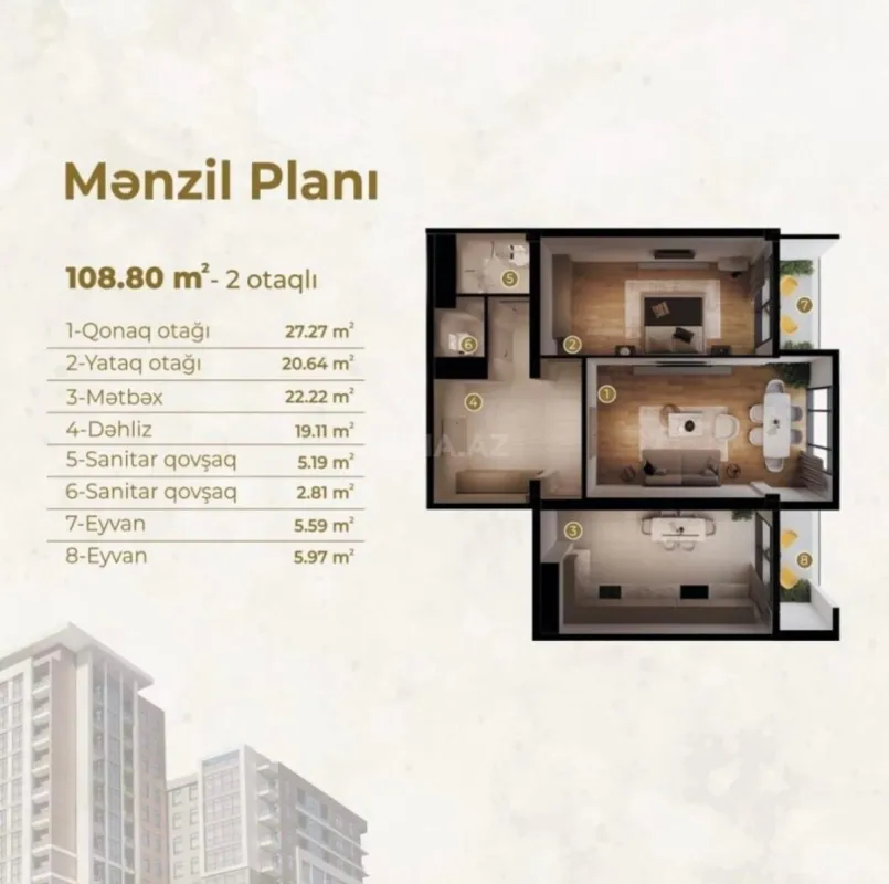 Satılır 2 otaqlı mənzil 108.8 m²