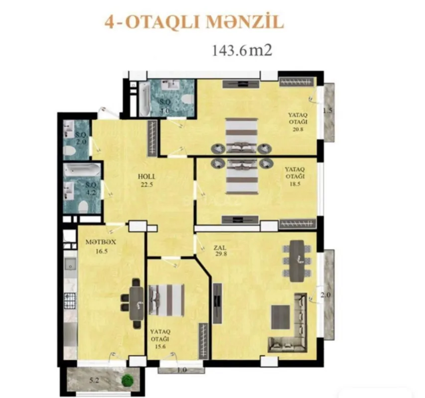 Satılır 4 otaqlı mənzil 143.6 m²