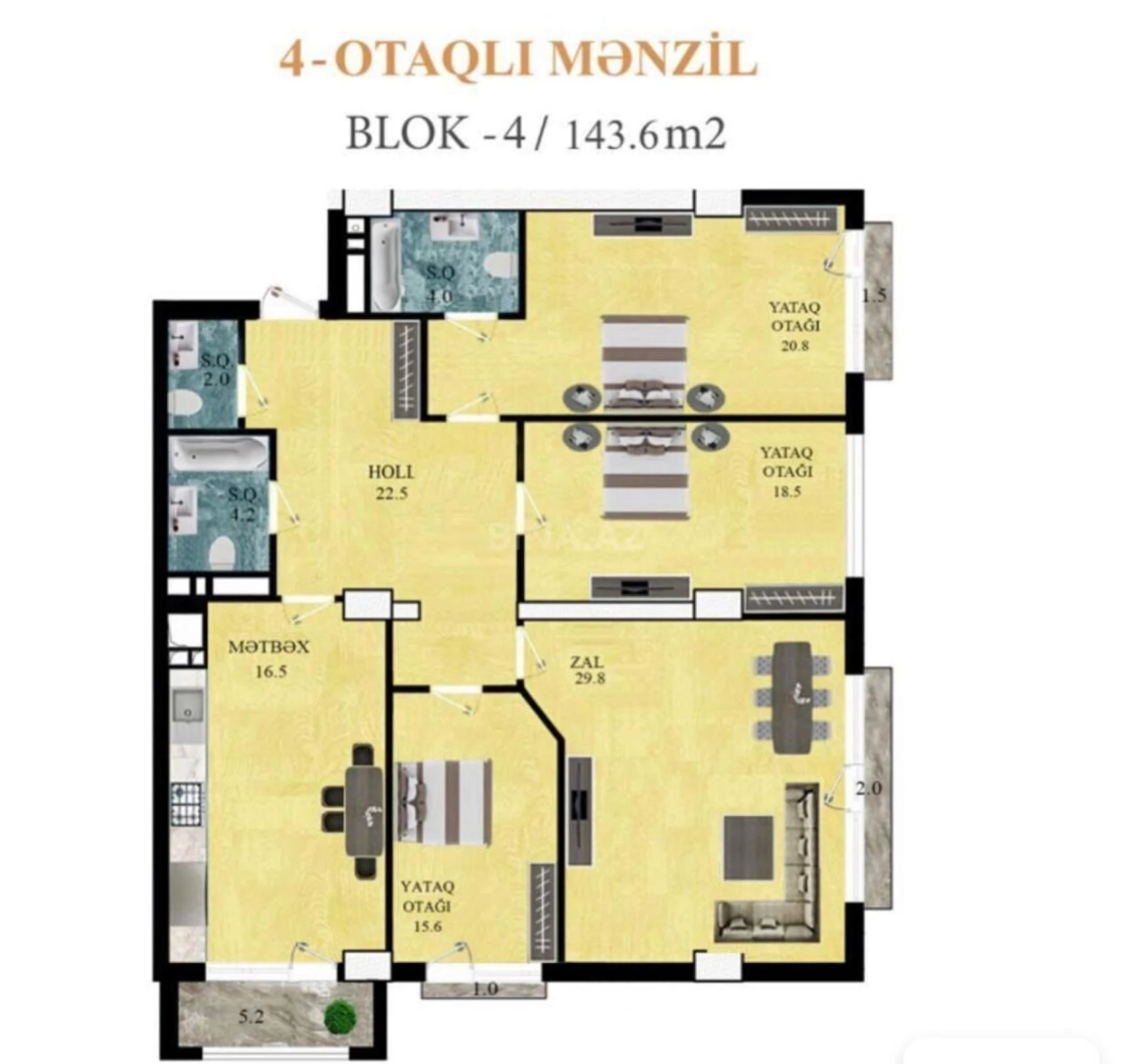 Satılır 4 otaqlı mənzil 143 m²