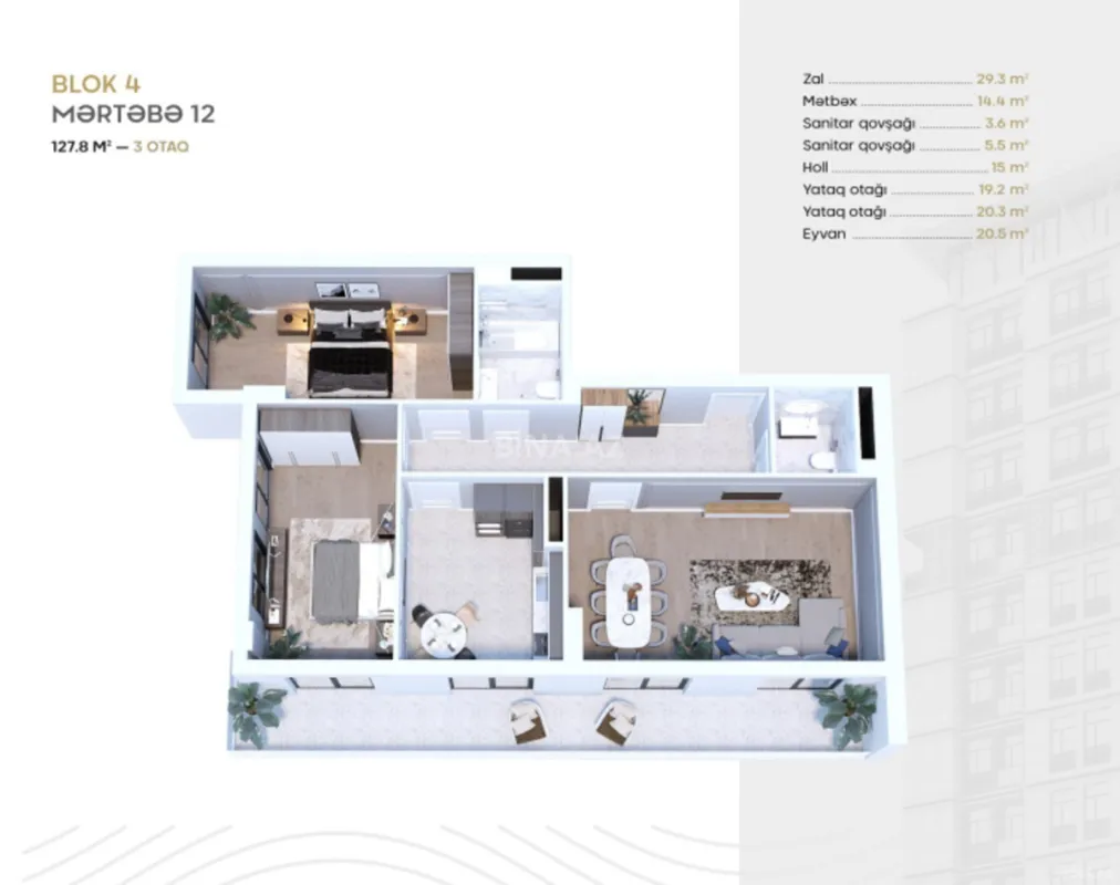 Satılır 3 otaqlı mənzil 127 m²