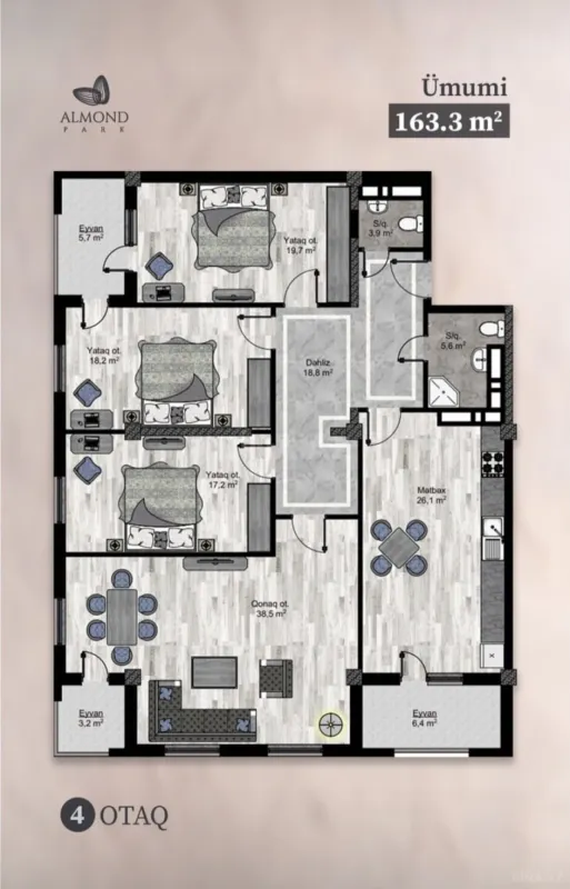 Satılır 4 otaqlı mənzil 163.3 m²