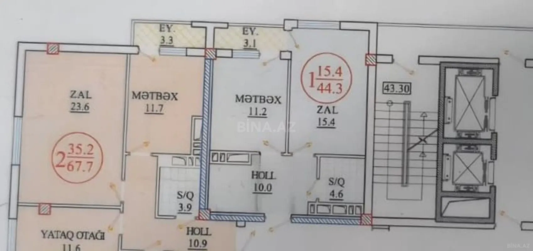 Satılır 1 otaqlı mənzil 44.3 m²
