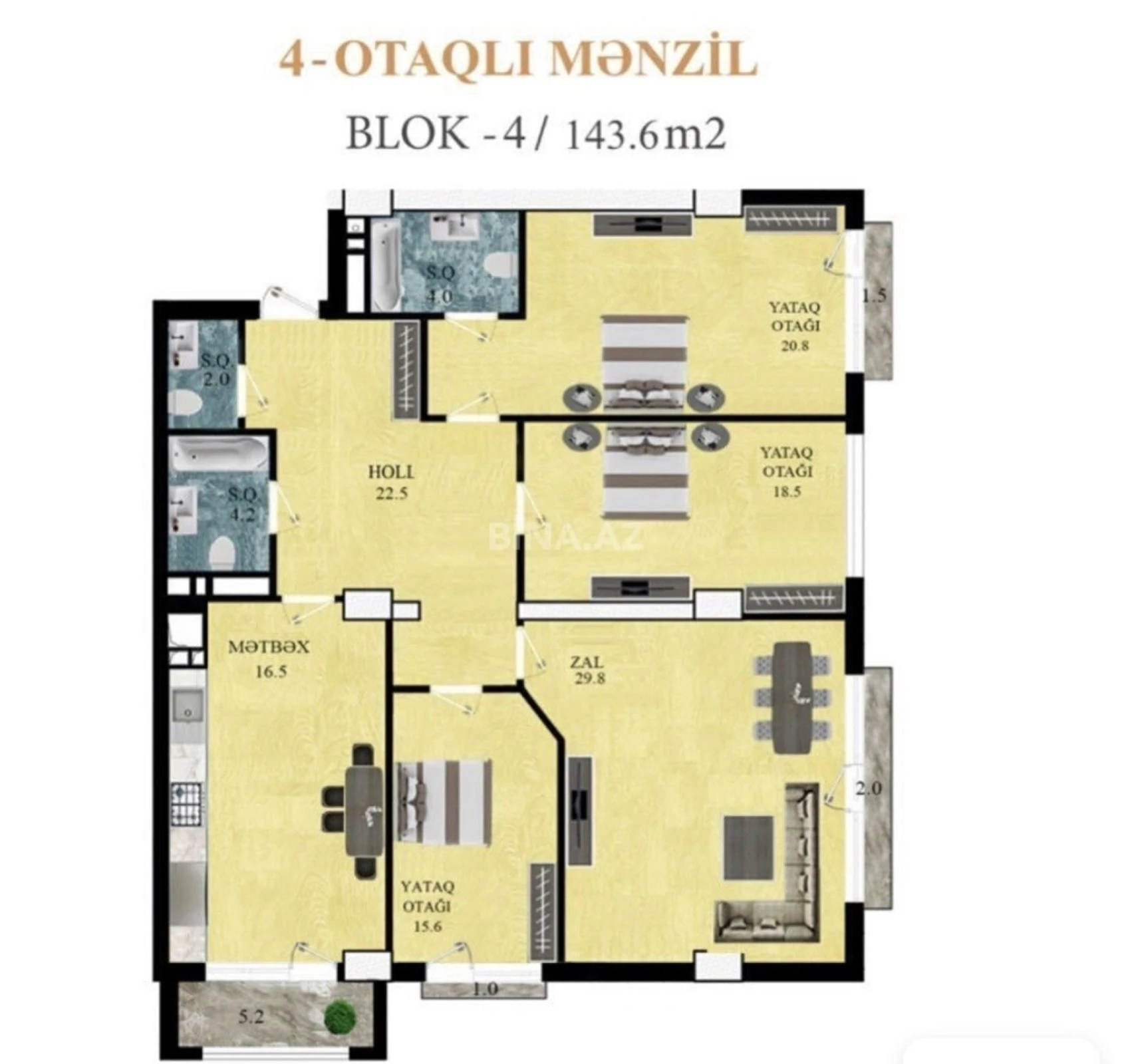 Satılır 4 otaqlı mənzil 143 m²