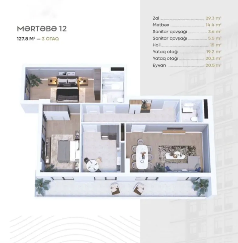 Satılır 3 otaqlı mənzil 128 m²
