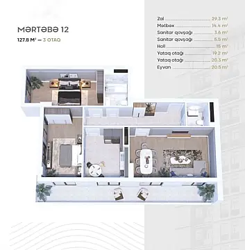 Satılır 3 otaqlı mənzil 128 m²