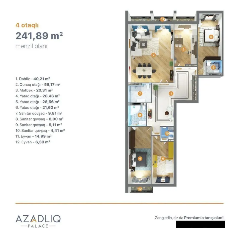 Satılır 4 otaqlı mənzil 242 m²
