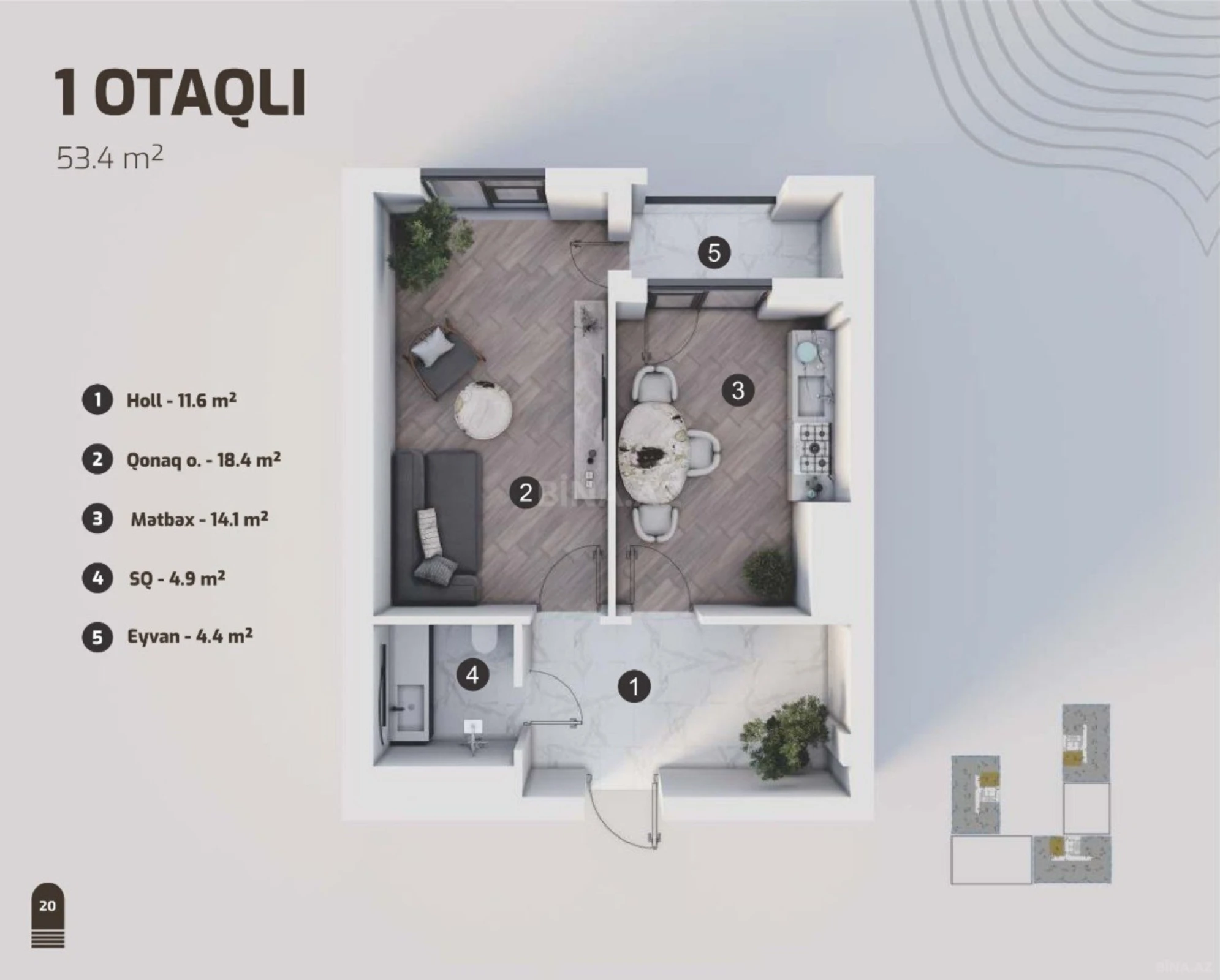 Satılır 1 otaqlı mənzil 53.4 m²