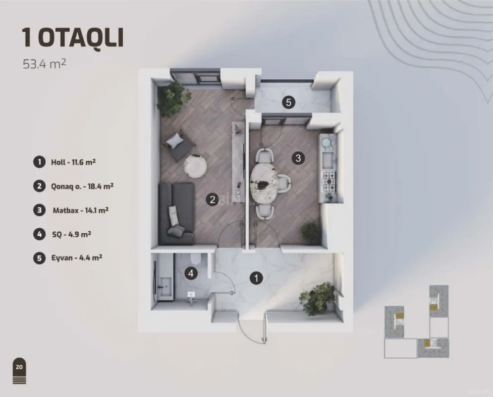 Satılır 1 otaqlı mənzil 53.4 m²
