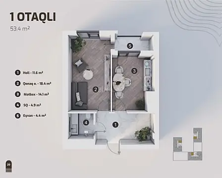 Satılır 1 otaqlı mənzil 53.4 m²