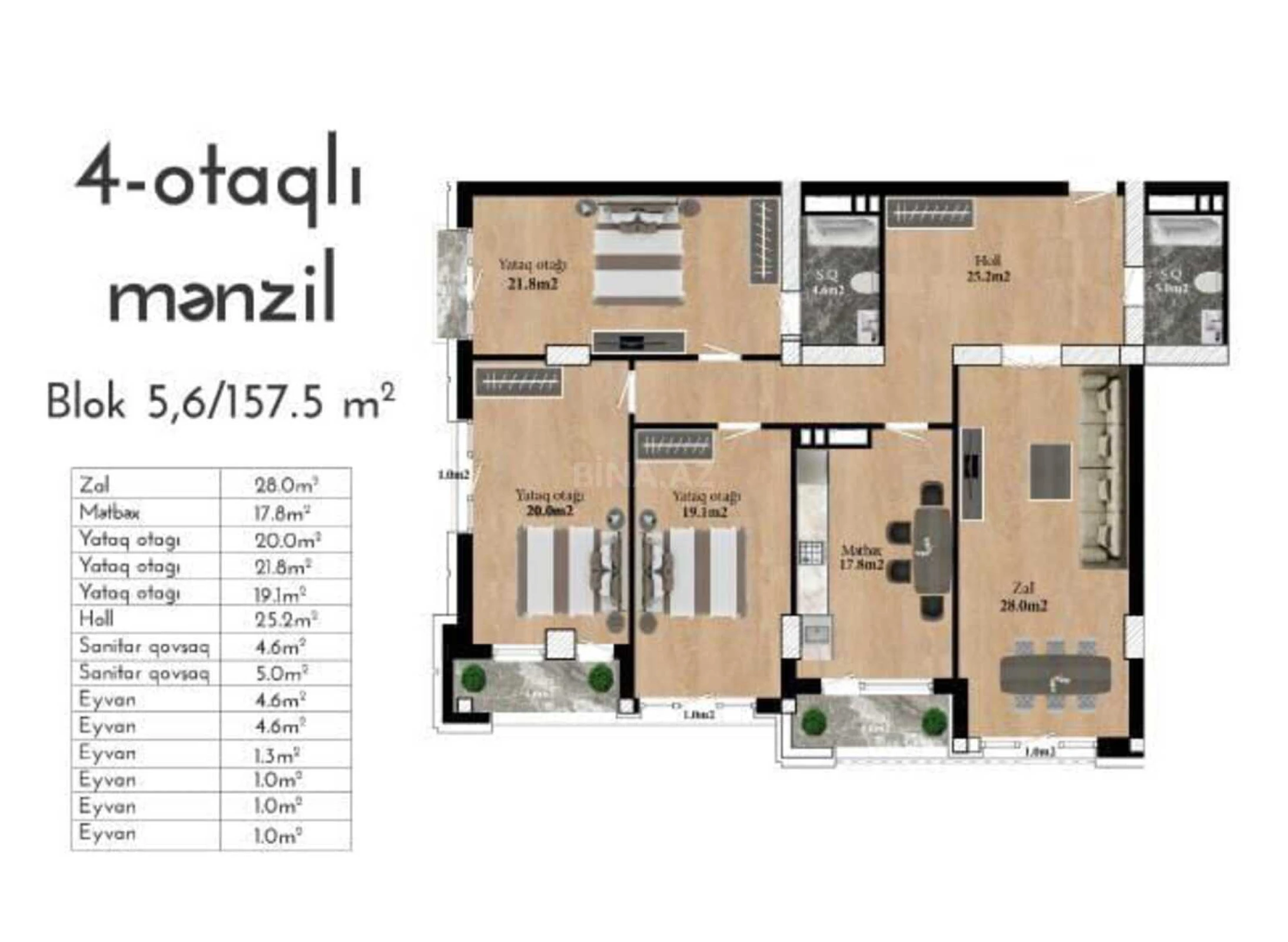Satılır 4 otaqlı mənzil 157.5 m²