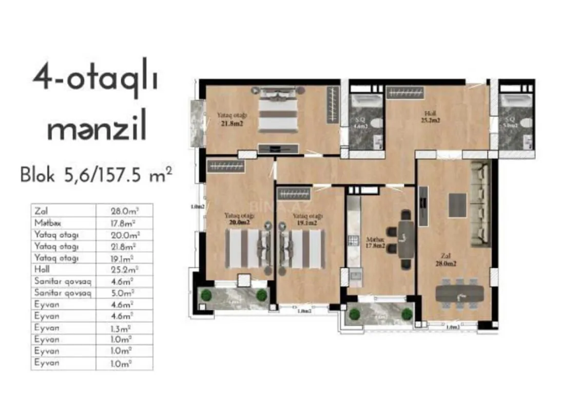 Satılır 4 otaqlı mənzil 157.5 m²