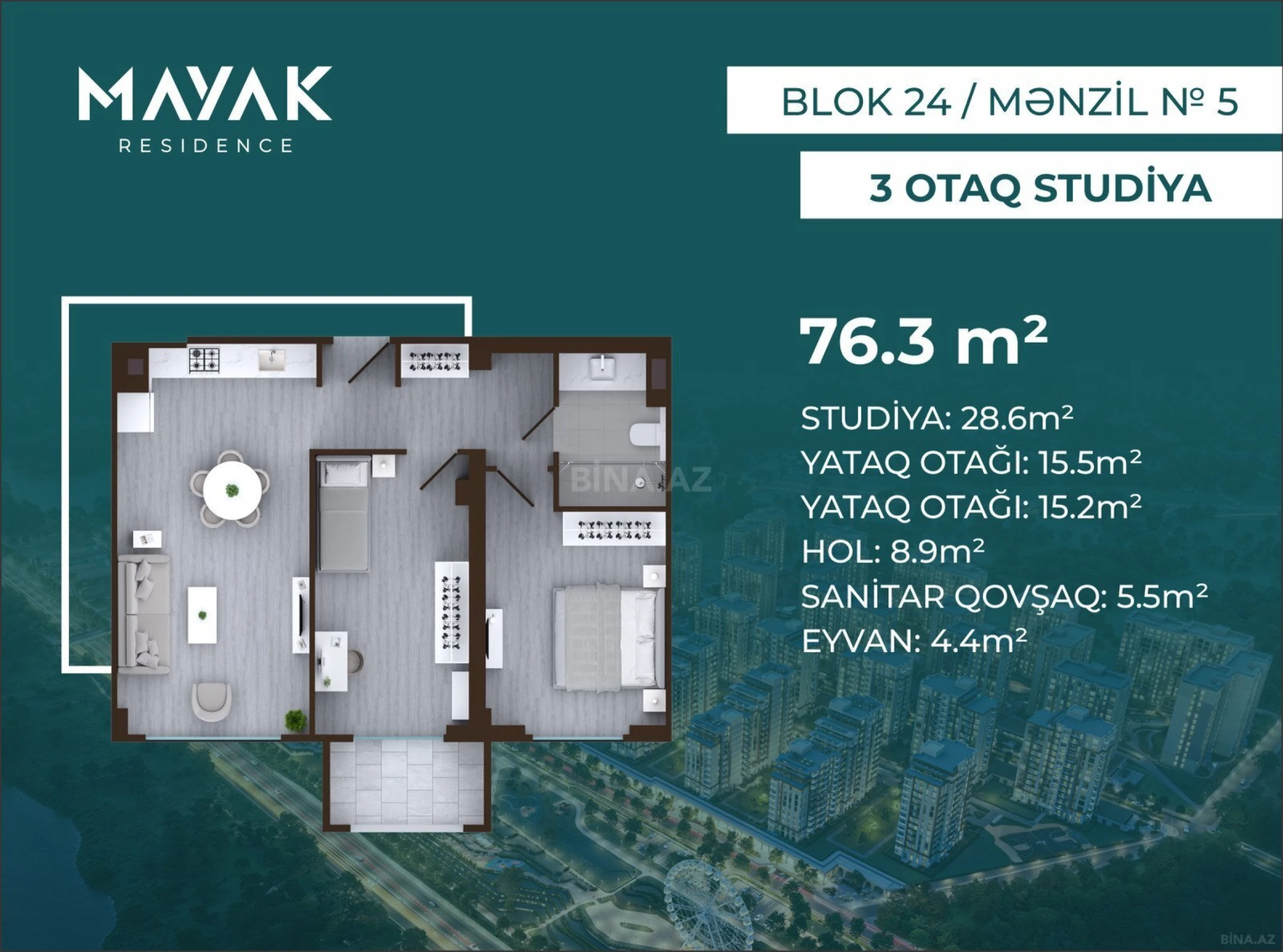 Satılır 3 otaqlı mənzil 76.3 m²
