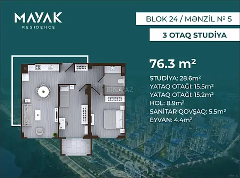 Satılır 3 otaqlı mənzil 76.3 m²