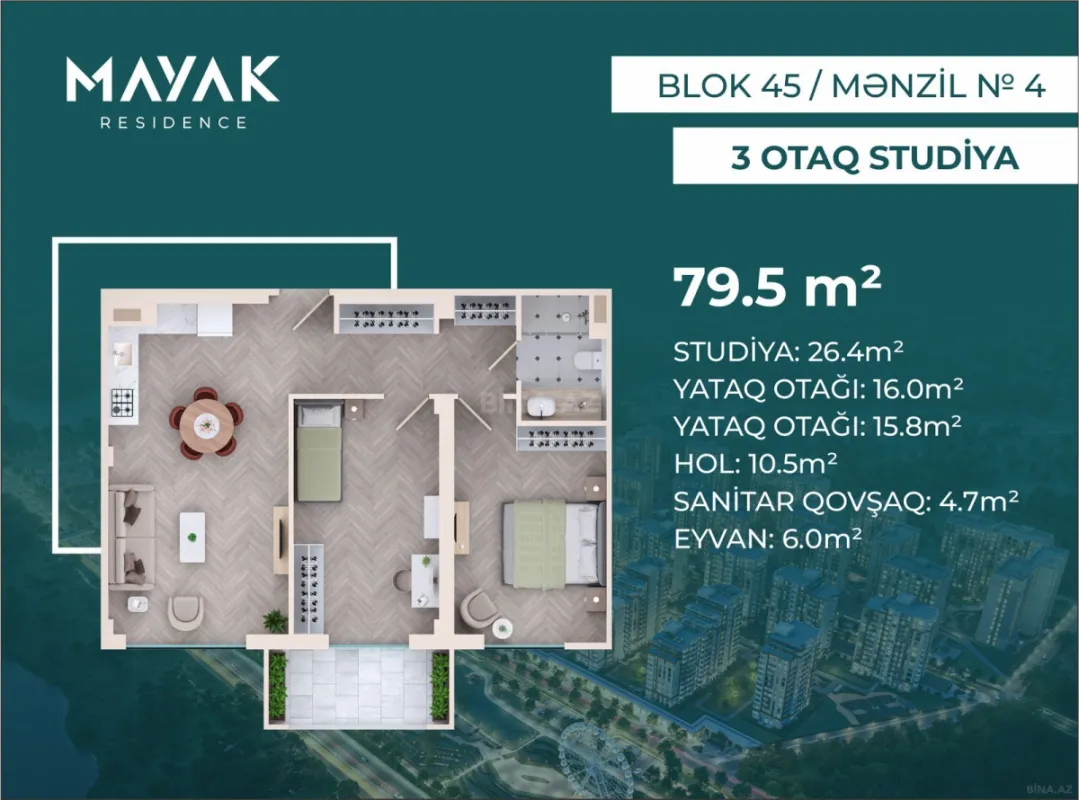 Satılır 3 otaqlı mənzil 79.5 m²