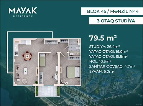 Satılır 3 otaqlı mənzil 79.5 m²