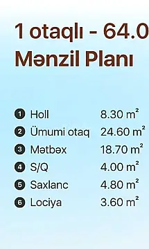 Satılır 1 otaqlı mənzil 65 m²