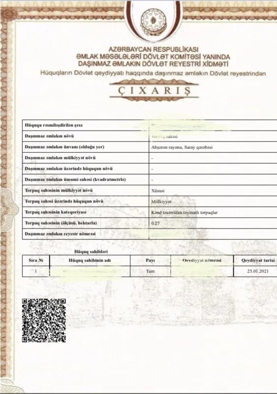 Satılır torpaq sahəsi 27 m²