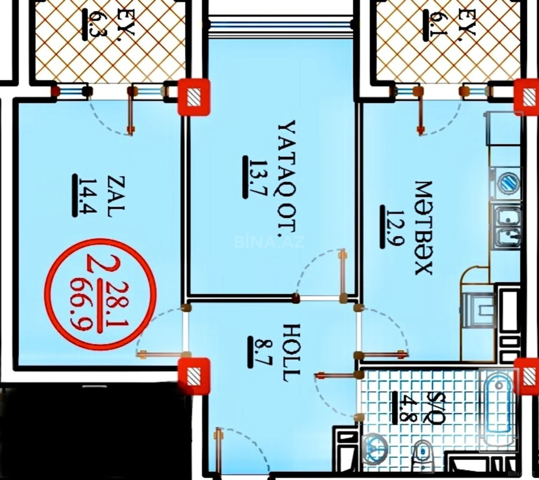 Satılır 2 otaqlı mənzil 66.9 m²