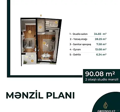 Satılır 2 otaqlı mənzil 91 m²