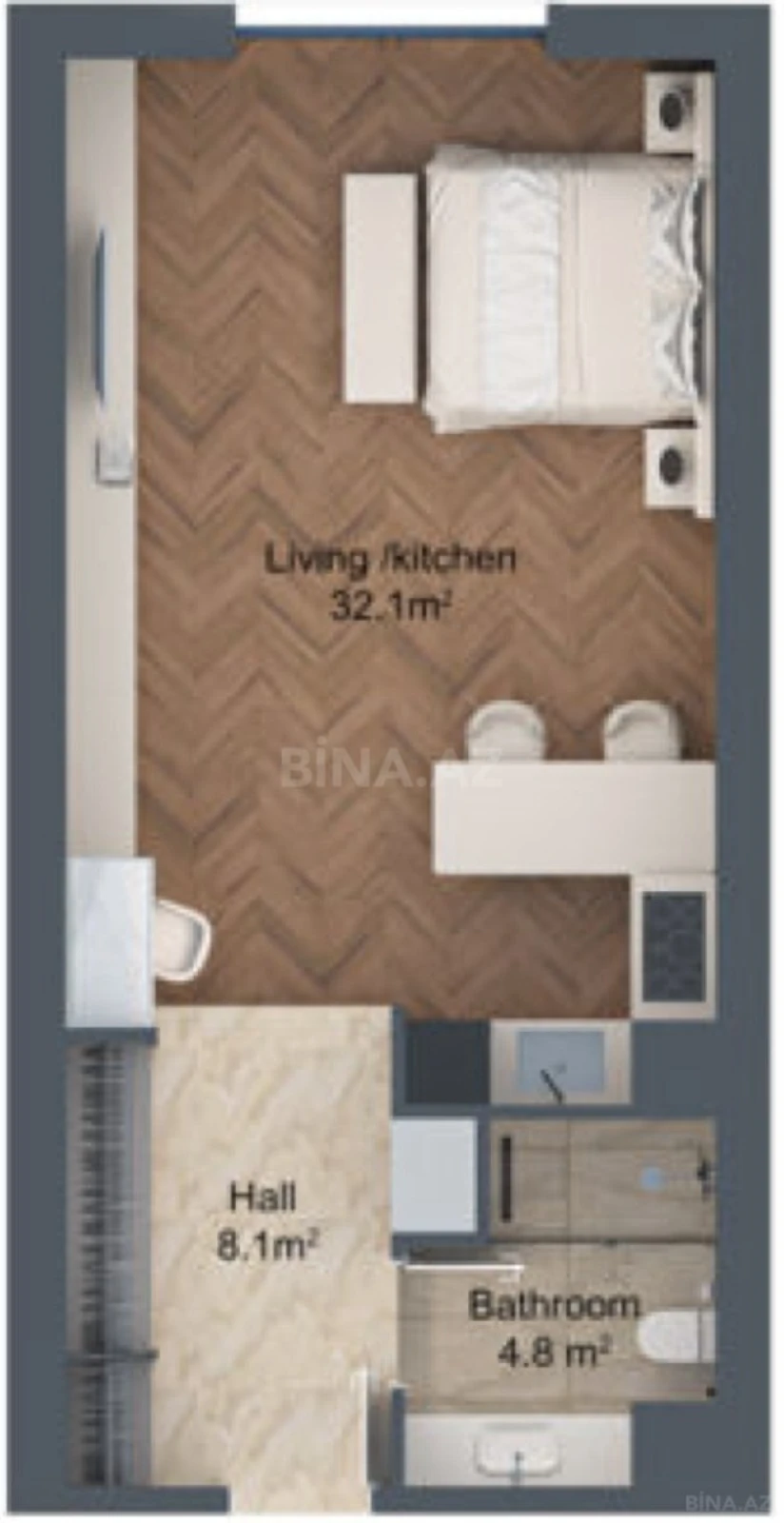 Satılır 1 otaqlı mənzil 53.5 m²