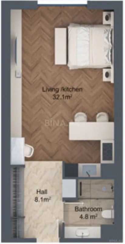 Satılır 1 otaqlı mənzil 53.5 m²