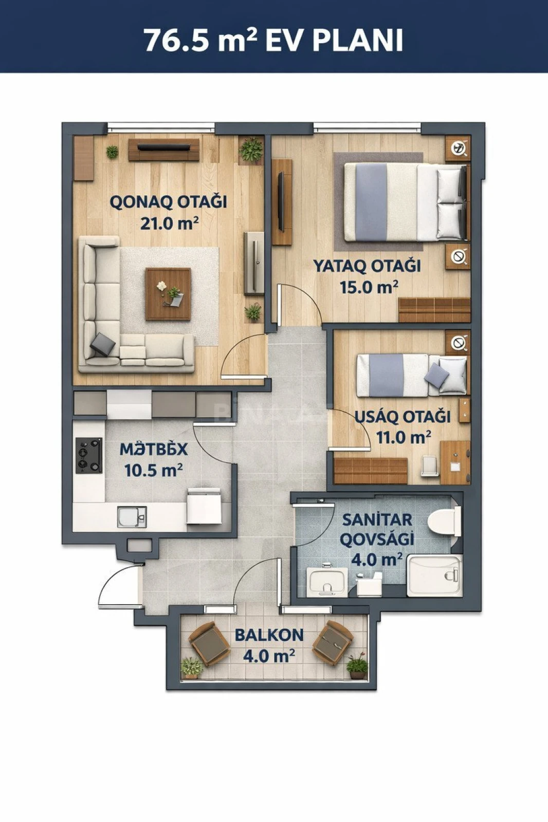 Satılır 2 otaqlı mənzil 76.5 m²