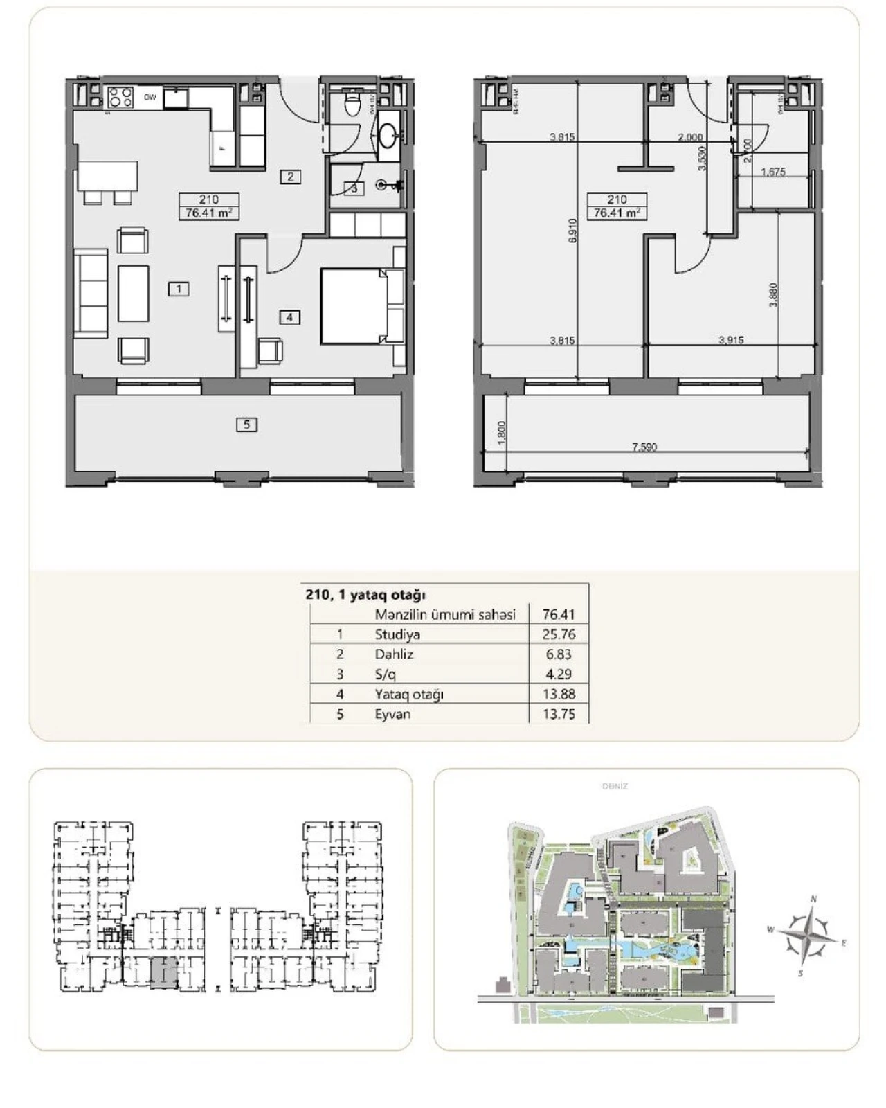 Satılır 2 otaqlı mənzil 76.4 m²