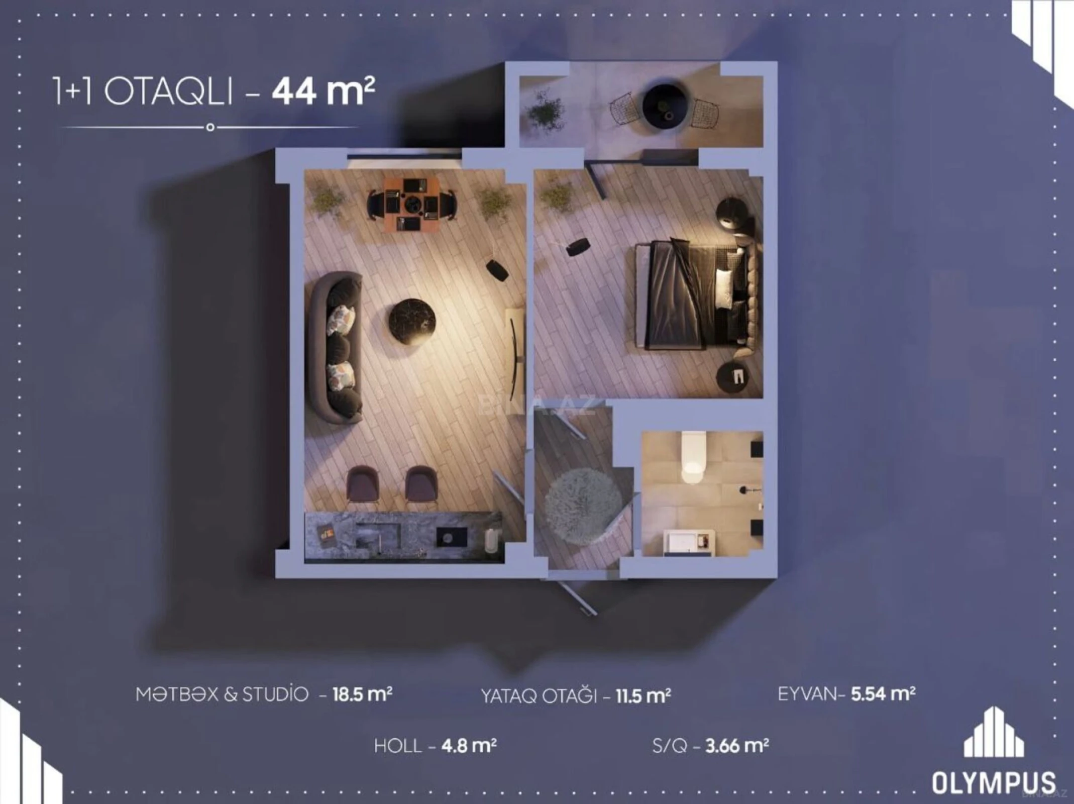 Satılır 1 otaqlı mənzil 44 m²