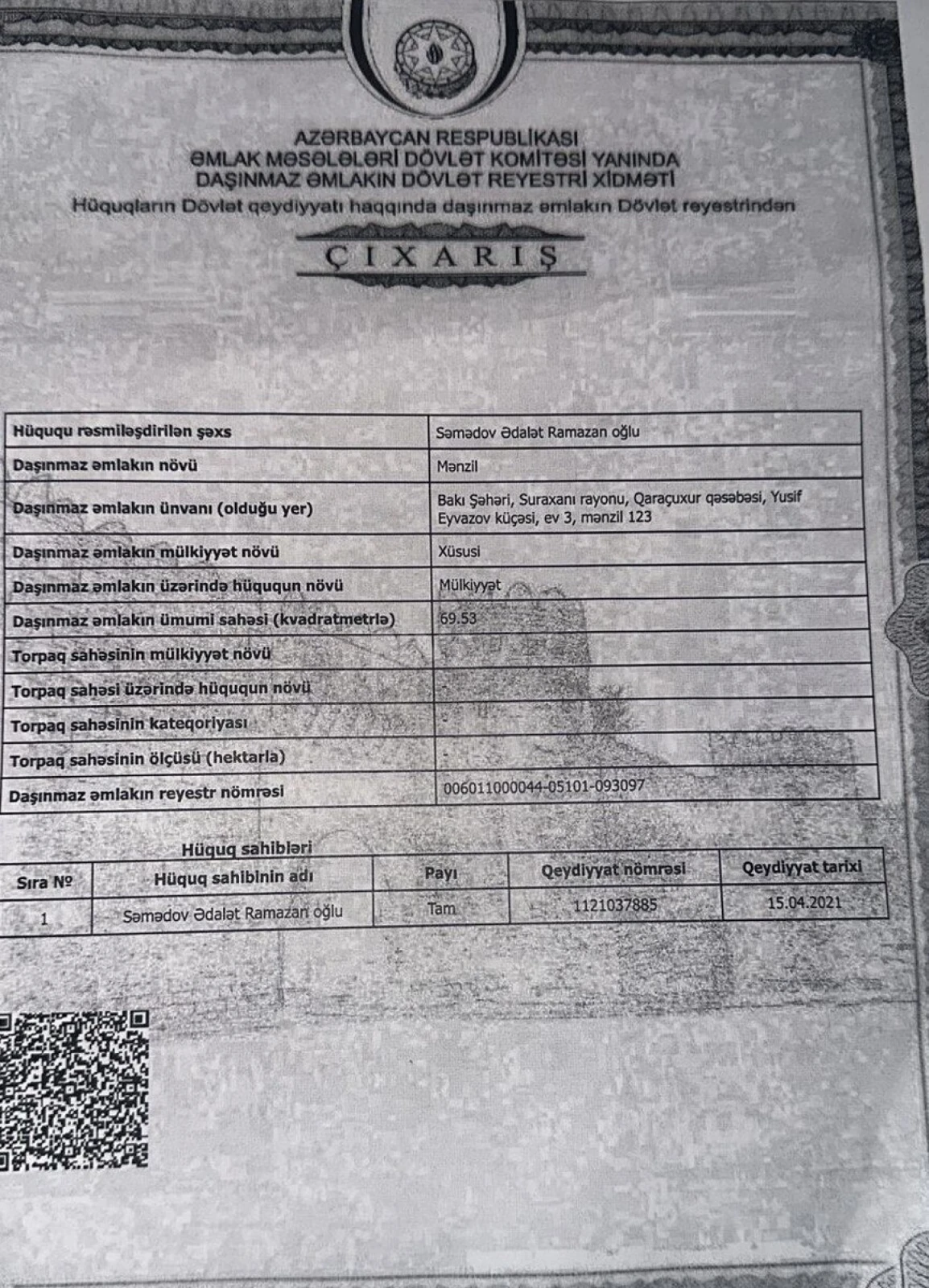 Satılır 3 otaqlı mənzil 70 m²