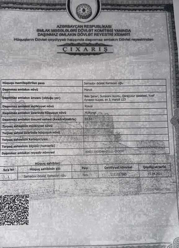 Satılır 3 otaqlı mənzil 70 m²