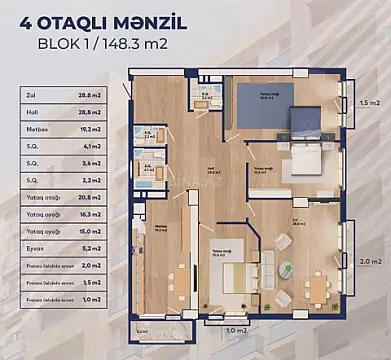 Satılır 4 otaqlı mənzil 149 m²