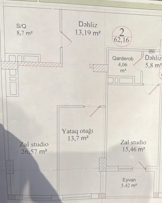Satılır 2 otaqlı mənzil 62 m²