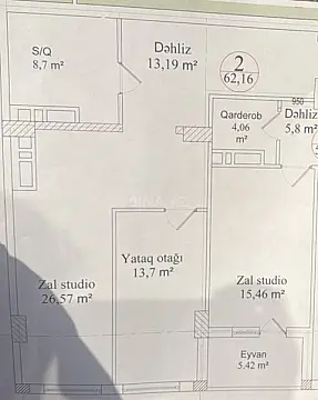 Satılır 2 otaqlı mənzil 62 m²