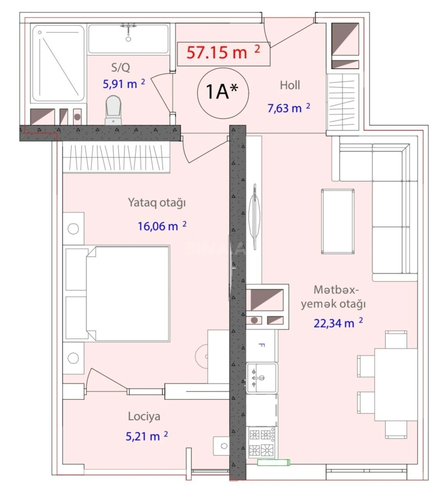 Satılır 1 otaqlı mənzil 57.1 m²