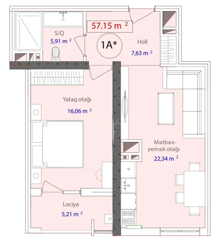 Satılır 1 otaqlı mənzil 57.1 m²
