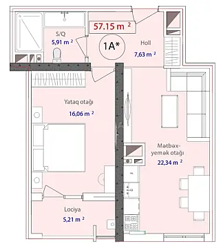 Satılır 1 otaqlı mənzil 57.1 m²