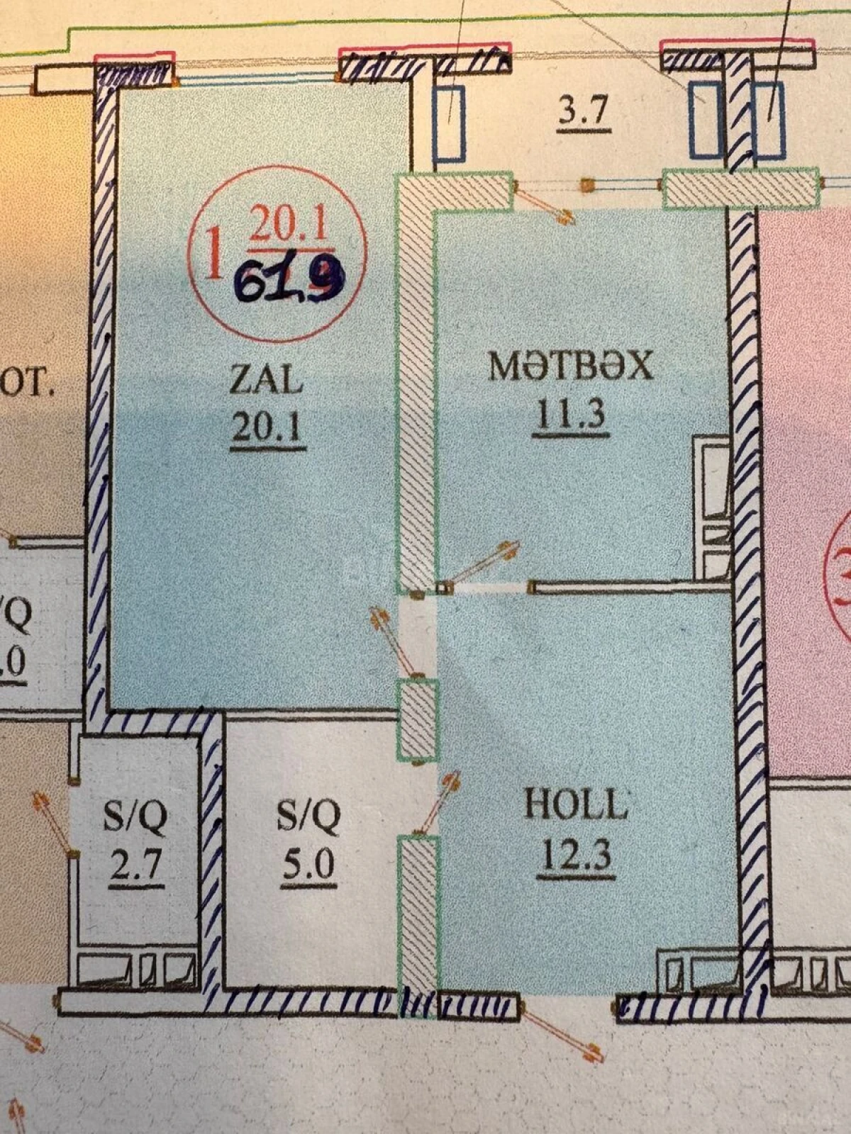 Satılır 2 otaqlı mənzil 62 m²