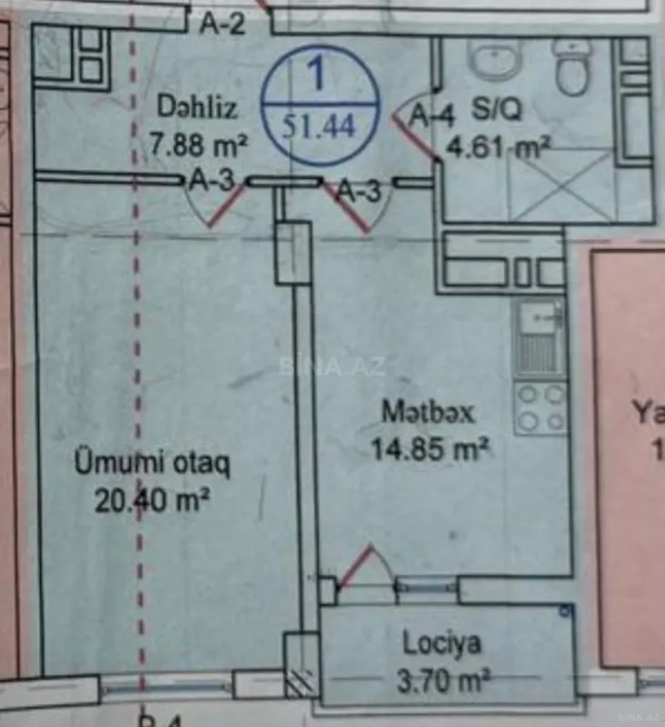 Satılır 2 otaqlı mənzil 51.4 m²
