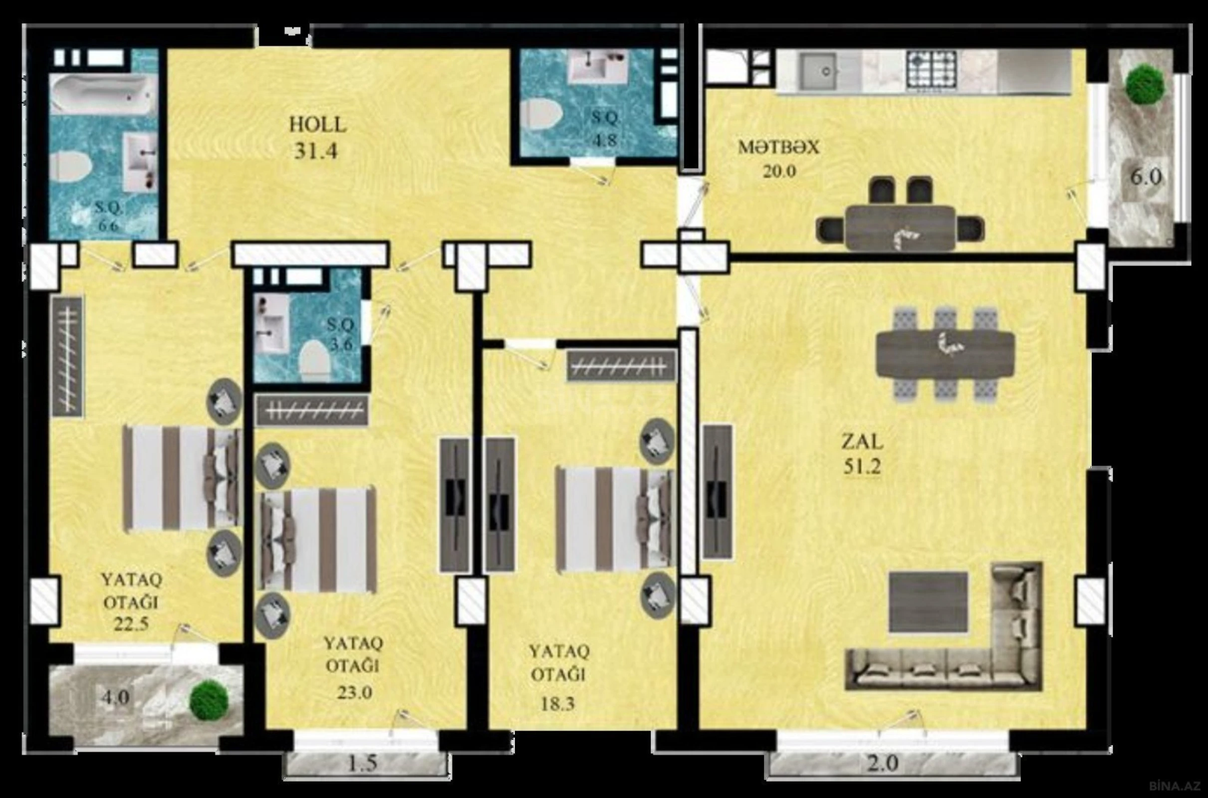 Satılır 4 otaqlı mənzil 194.9 m²