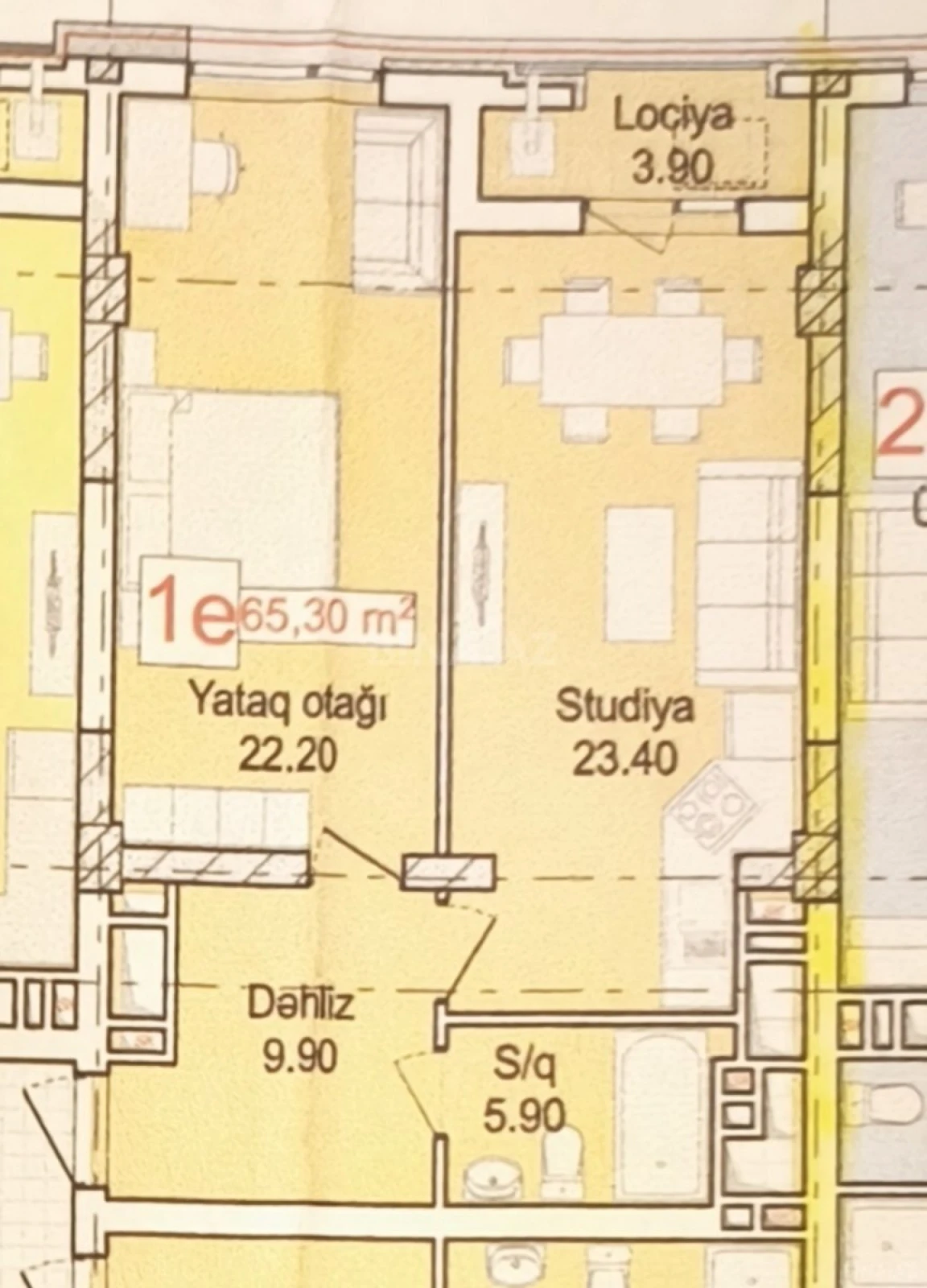 Satılır 2 otaqlı mənzil 65.3 m²